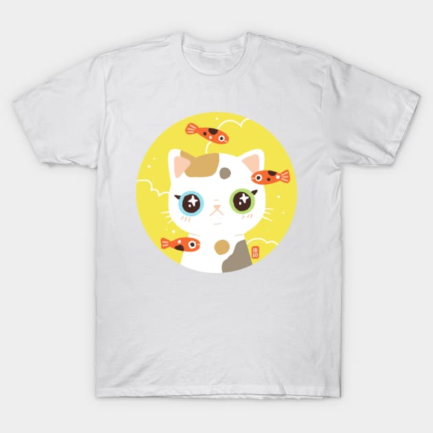 Chubby Cat And Fishes T-Shirt by Freeminds